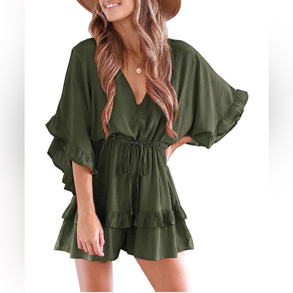 Womens V Neck Beach Romper Ruffle Layered Drawstring Waisted Shorts Jumpsuit